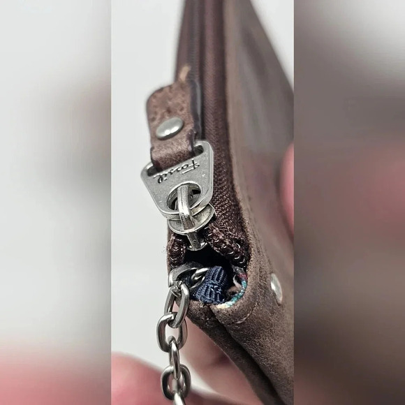 Fossil Small Brown Leather ID Card Coin Holder Logo Key Ring Multi-Pocket Wallet - Picture 7 of 11